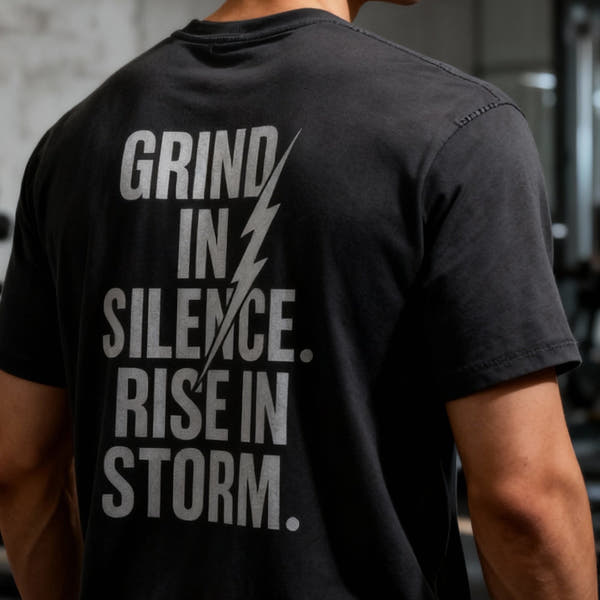 'Grind in Silence, Rise in Storm' Double-Sided Motivational Gym T-Shirt | MT Wear