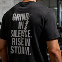 'Grind in Silence, Rise in Storm' Double-Sided Motivational Gym T-Shirt | MT Wear